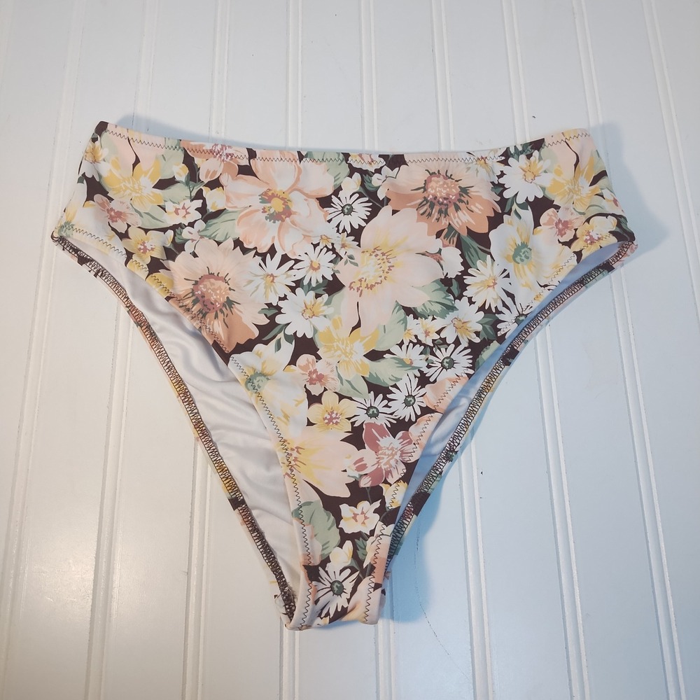 Shade & Shore Womens Floral High Waisted Bikini Bottom Brown Pink Yellow Small